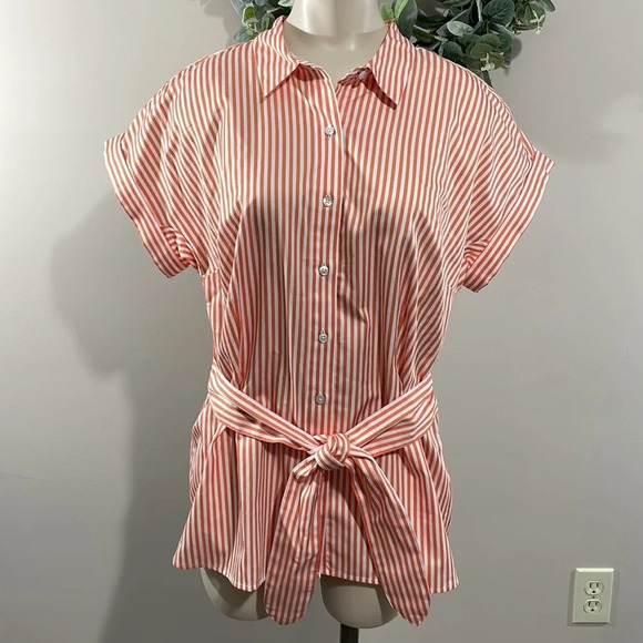 NWT Talbots Tie Waist Button Front Striped Orange and White Short Sleeve Top M - Picture 4 of 16